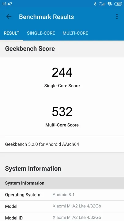 Xiaomi Mi A2 Lite 4/32Gb Geekbench Benchmark результаты теста (score / баллы)