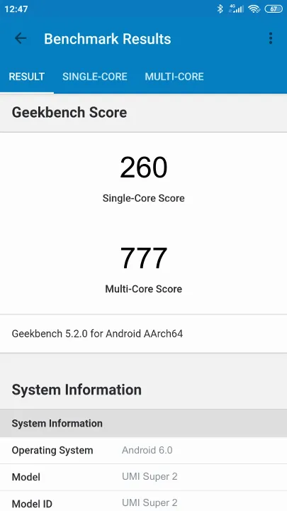 UMI Super 2 Geekbench Benchmark результаты теста (score / баллы)
