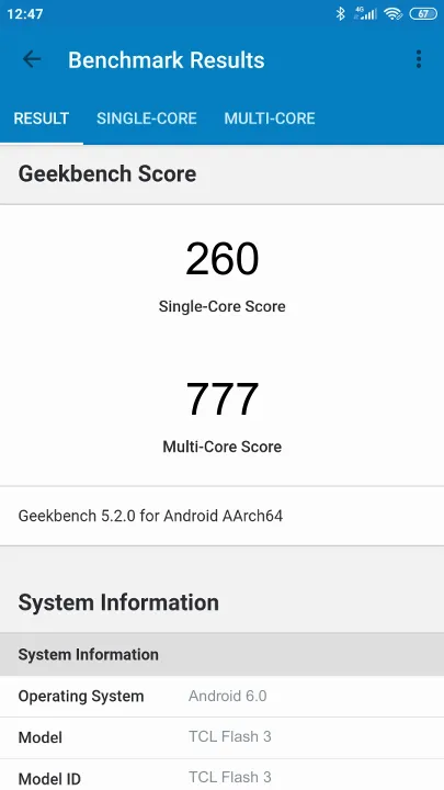 TCL Flash 3 Geekbench Benchmark результаты теста (score / баллы)