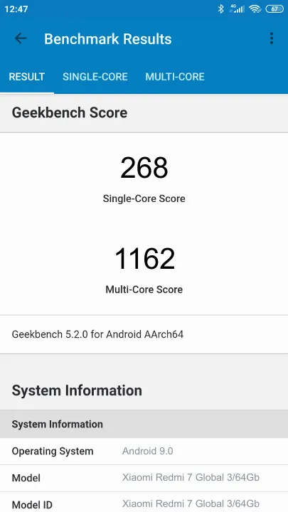 Xiaomi Redmi 7 Global 3/64Gb Geekbench Benchmark результаты теста (score / баллы)