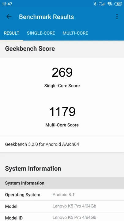 Lenovo K5 Pro 4/64Gb Geekbench Benchmark результаты теста (score / баллы)