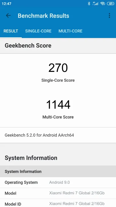 Xiaomi Redmi 7 Global 2/16Gb Geekbench Benchmark результаты теста (score / баллы)