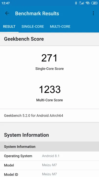 Meizu M7 Geekbench Benchmark результаты теста (score / баллы)