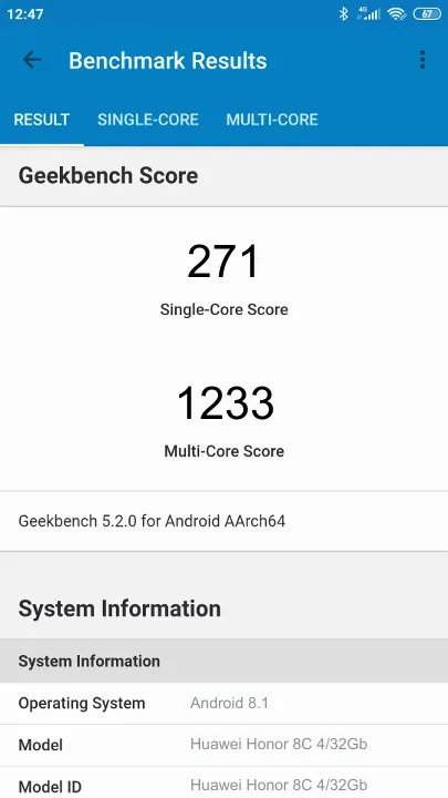 Huawei Honor 8C 4/32Gb Geekbench Benchmark результаты теста (score / баллы)