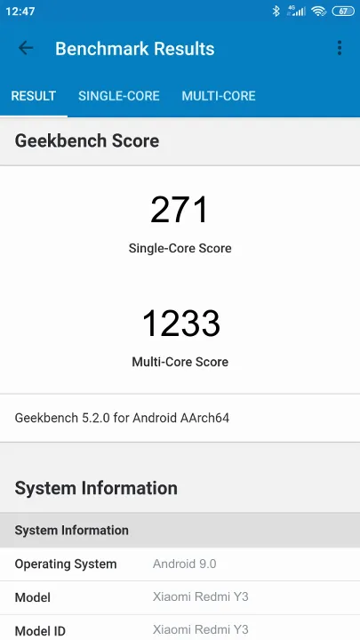 Xiaomi Redmi Y3 Geekbench Benchmark результаты теста (score / баллы)