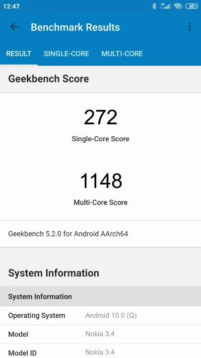 Nokia 3.4 Geekbench Benchmark результаты теста (score / баллы)