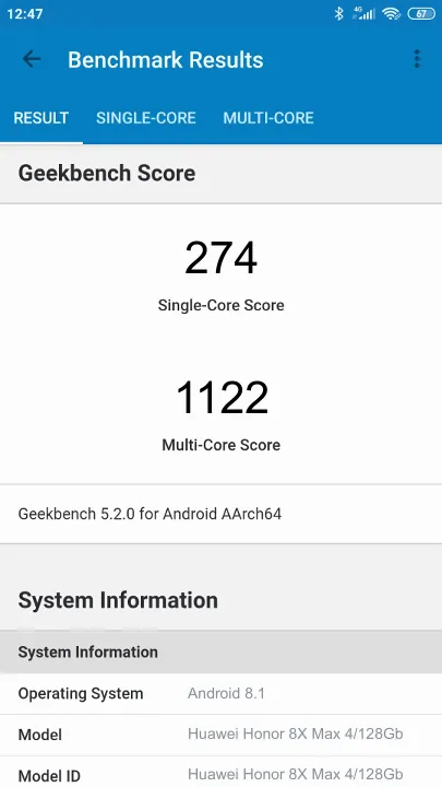 Huawei Honor 8X Max 4/128Gb Geekbench Benchmark результаты теста (score / баллы)