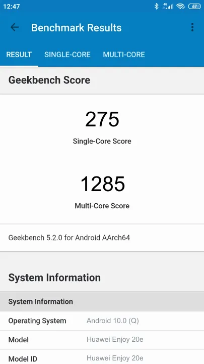 Huawei Enjoy 20e Geekbench Benchmark результаты теста (score / баллы)