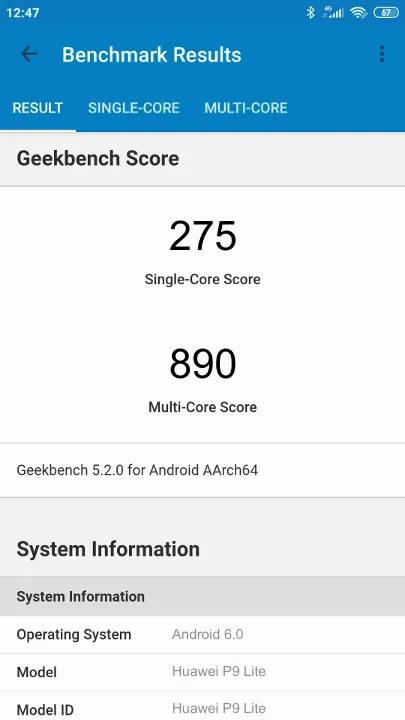 Huawei P9 Lite Geekbench Benchmark результаты теста (score / баллы)
