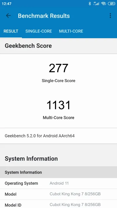 Cubot King Kong 7 8/256GB Geekbench Benchmark результаты теста (score / баллы)