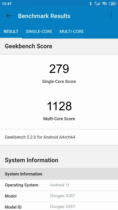 Doogee S35T Geekbench Benchmark результаты теста (score / баллы)