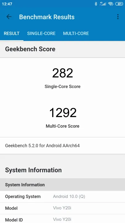 Vivo Y20i Geekbench Benchmark результаты теста (score / баллы)