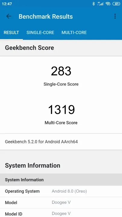 Doogee V Geekbench Benchmark результаты теста (score / баллы)