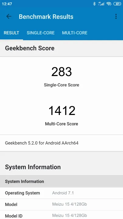 Meizu 15 4/128Gb Geekbench Benchmark результаты теста (score / баллы)