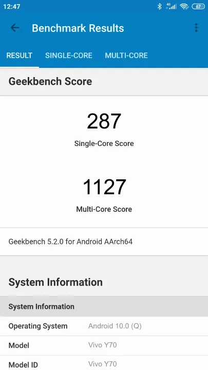Vivo Y70 Geekbench Benchmark результаты теста (score / баллы)