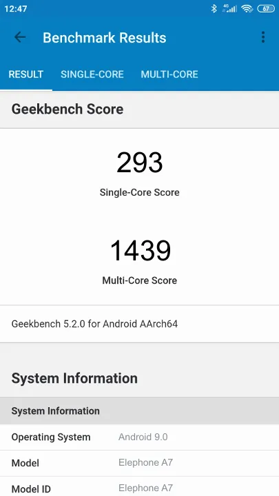 Elephone A7 Geekbench Benchmark результаты теста (score / баллы)