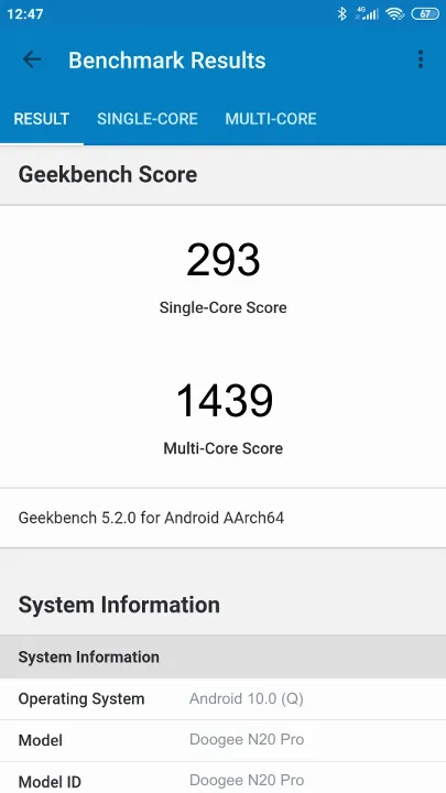 Doogee N20 Pro Geekbench Benchmark результаты теста (score / баллы)