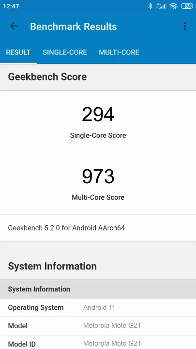 Motorola Moto G21 Geekbench Benchmark результаты теста (score / баллы)