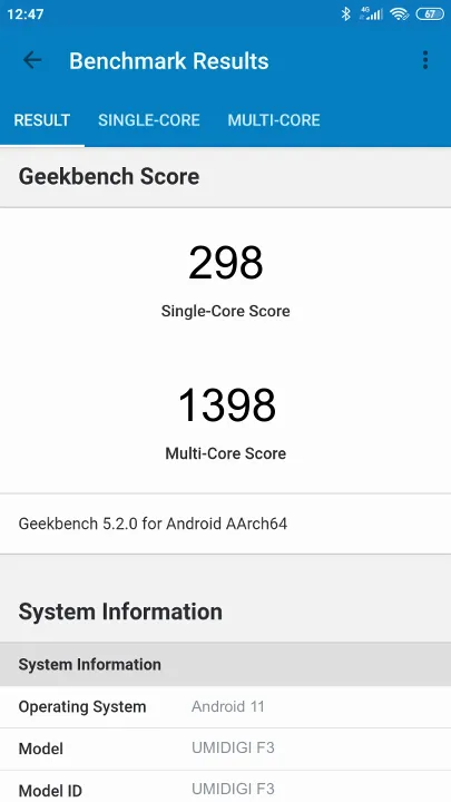 UMIDIGI F3 Geekbench Benchmark результаты теста (score / баллы)