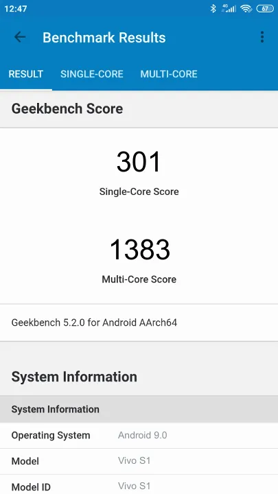 Vivo S1 Geekbench Benchmark результаты теста (score / баллы)