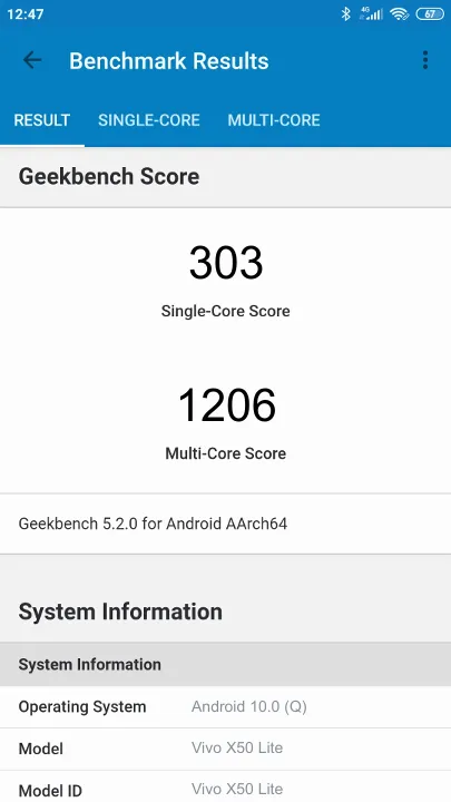 Vivo X50 Lite Geekbench Benchmark результаты теста (score / баллы)