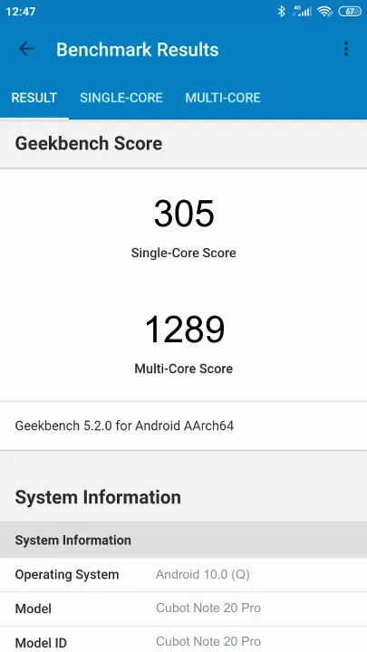 Cubot Note 20 Pro Geekbench Benchmark результаты теста (score / баллы)