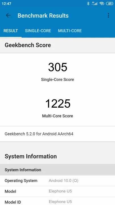 Elephone U5 Geekbench Benchmark результаты теста (score / баллы)