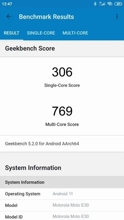 Motorola Moto E30 Geekbench Benchmark результаты теста (score / баллы)