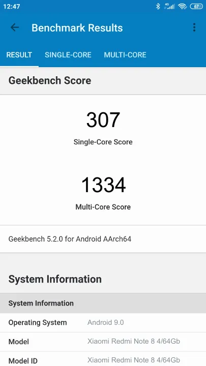 Xiaomi Redmi Note 8 4/64Gb Geekbench Benchmark результаты теста (score / баллы)