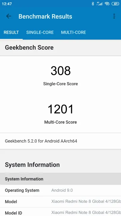 Xiaomi Redmi Note 8 Global 4/128Gb Geekbench Benchmark результаты теста (score / баллы)