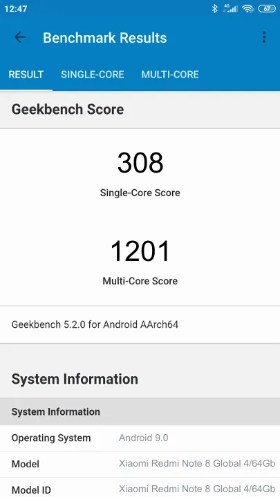 Xiaomi Redmi Note 8 Global 4/64Gb Geekbench Benchmark результаты теста (score / баллы)