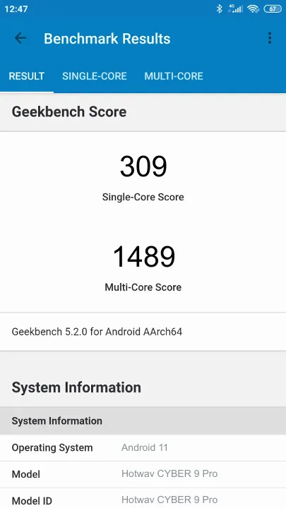Hotwav CYBER 9 Pro Geekbench Benchmark результаты теста (score / баллы)