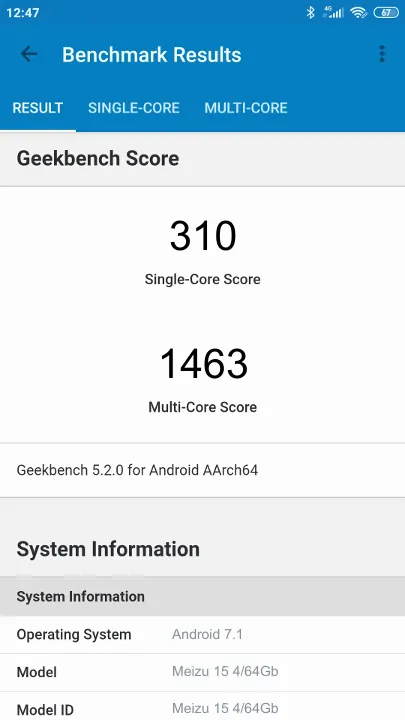 Meizu 15 4/64Gb Geekbench Benchmark результаты теста (score / баллы)