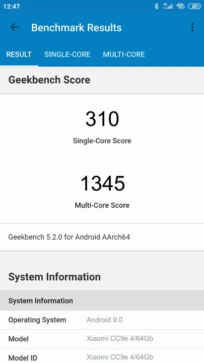 Xiaomi CC9e 4/64Gb Geekbench Benchmark результаты теста (score / баллы)