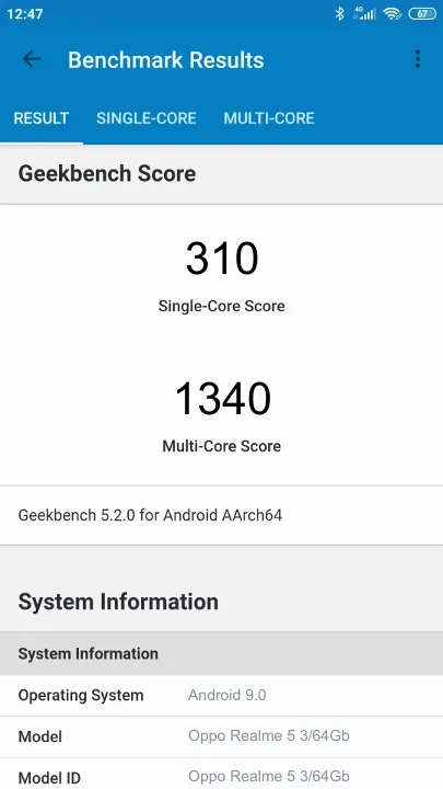 Oppo Realme 5 3/64Gb Geekbench Benchmark результаты теста (score / баллы)