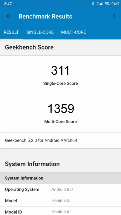 Realme 5i Geekbench Benchmark результаты теста (score / баллы)