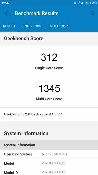 Vivo IQOO U1x Geekbench Benchmark результаты теста (score / баллы)