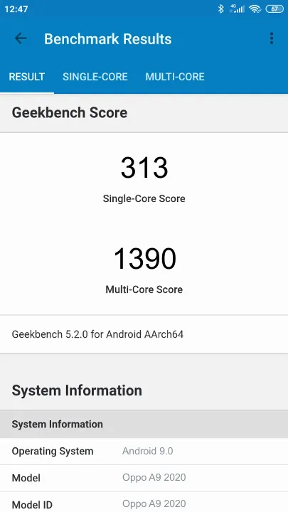 Oppo A9 2020 Geekbench Benchmark результаты теста (score / баллы)