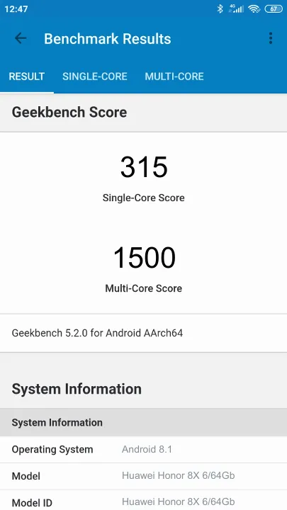 Huawei Honor 8X 6/64Gb Geekbench Benchmark результаты теста (score / баллы)