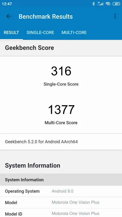 Motorola One Vision Plus Geekbench Benchmark результаты теста (score / баллы)