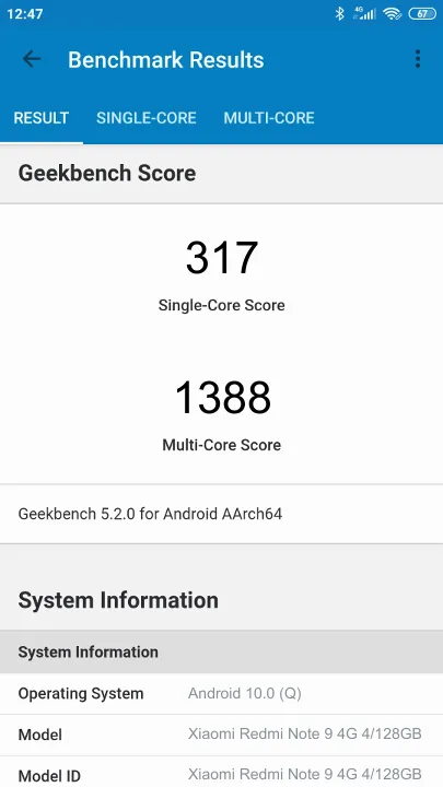 Xiaomi Redmi Note 9 4G 4/128GB Geekbench Benchmark результаты теста (score / баллы)