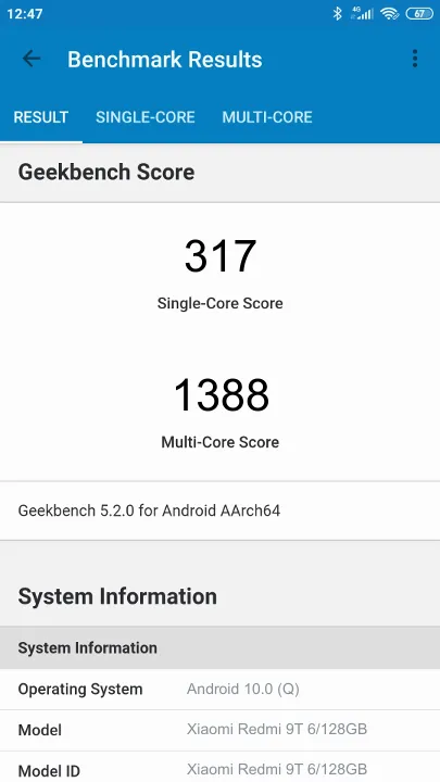 Xiaomi Redmi 9T 6/128GB Geekbench Benchmark результаты теста (score / баллы)
