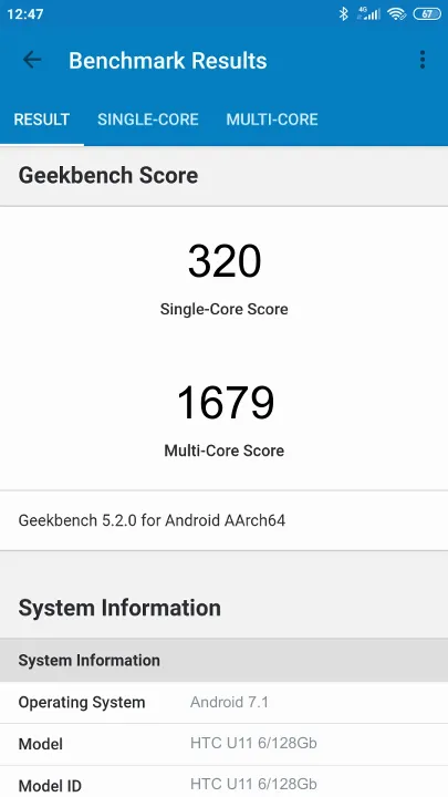 HTC U11 6/128Gb Geekbench Benchmark результаты теста (score / баллы)