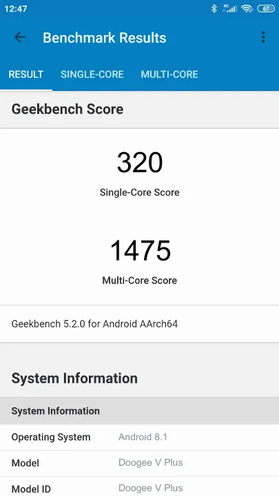 Doogee V Plus Geekbench Benchmark результаты теста (score / баллы)