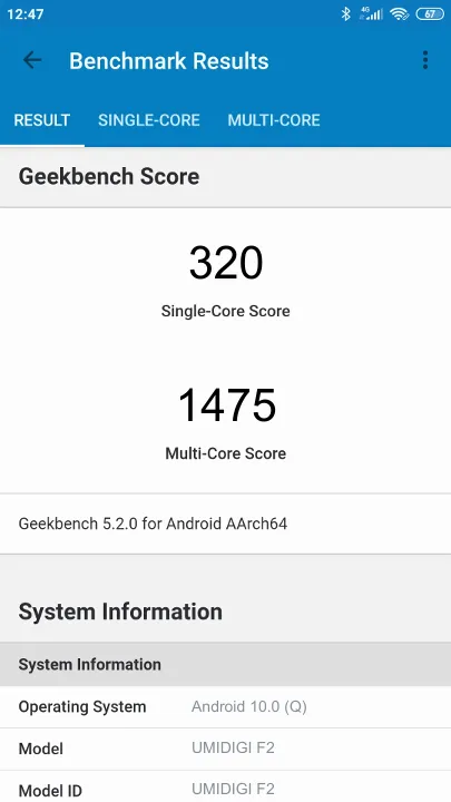 UMIDIGI F2 Geekbench Benchmark результаты теста (score / баллы)