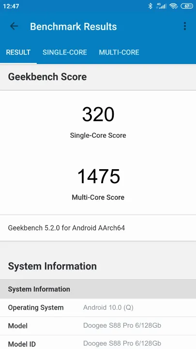 Doogee S88 Pro 6/128Gb Geekbench Benchmark результаты теста (score / баллы)