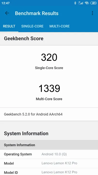 Lenovo Lemon K12 Pro Geekbench Benchmark результаты теста (score / баллы)