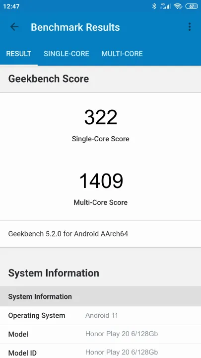 Honor Play 20 6/128Gb Geekbench Benchmark результаты теста (score / баллы)