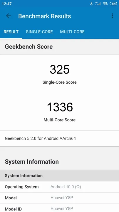Huawei Y8P Geekbench Benchmark результаты теста (score / баллы)