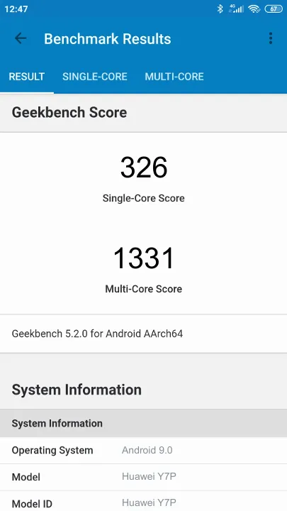 Huawei Y7P Geekbench Benchmark результаты теста (score / баллы)